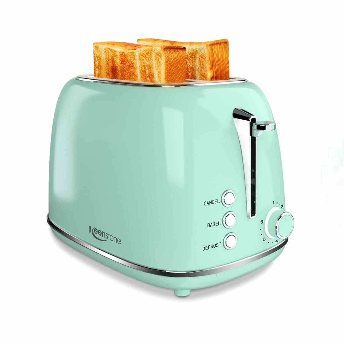 Mintgrüner Keenstone Toaster 2-Scheiben-Edelstahl-Toaster auf weißem Hintergrund
