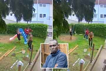 Ich habe meine Nachbarn auf CCTV dabei erwischt, wie sie die Rutsche und Schaukel meines Sohnes nach der Rasenreihe abgeladen haben