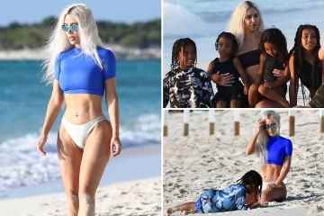 Kim zeigt ihre schmale Taille in UNBEARBEITETEN Bikinifotos am Strand mit Sohn Saint
