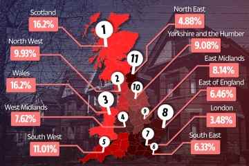 Die Karte zeigt britische Gebiete, in denen die Immobilienpreise am MEISTEN gestiegen sind