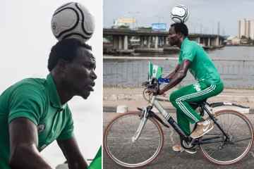 Der nigerianische Fußballer radelt 64 Meilen und balanciert Fußball auf seinem Kopf in einem bizarren Guinness-Weltrekordversuch
