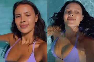 Maya Jama schickt Fans in einem lilafarbenen Bikini in den Wahnsinn, als sie sich im Pool auf Ibiza abkühlt