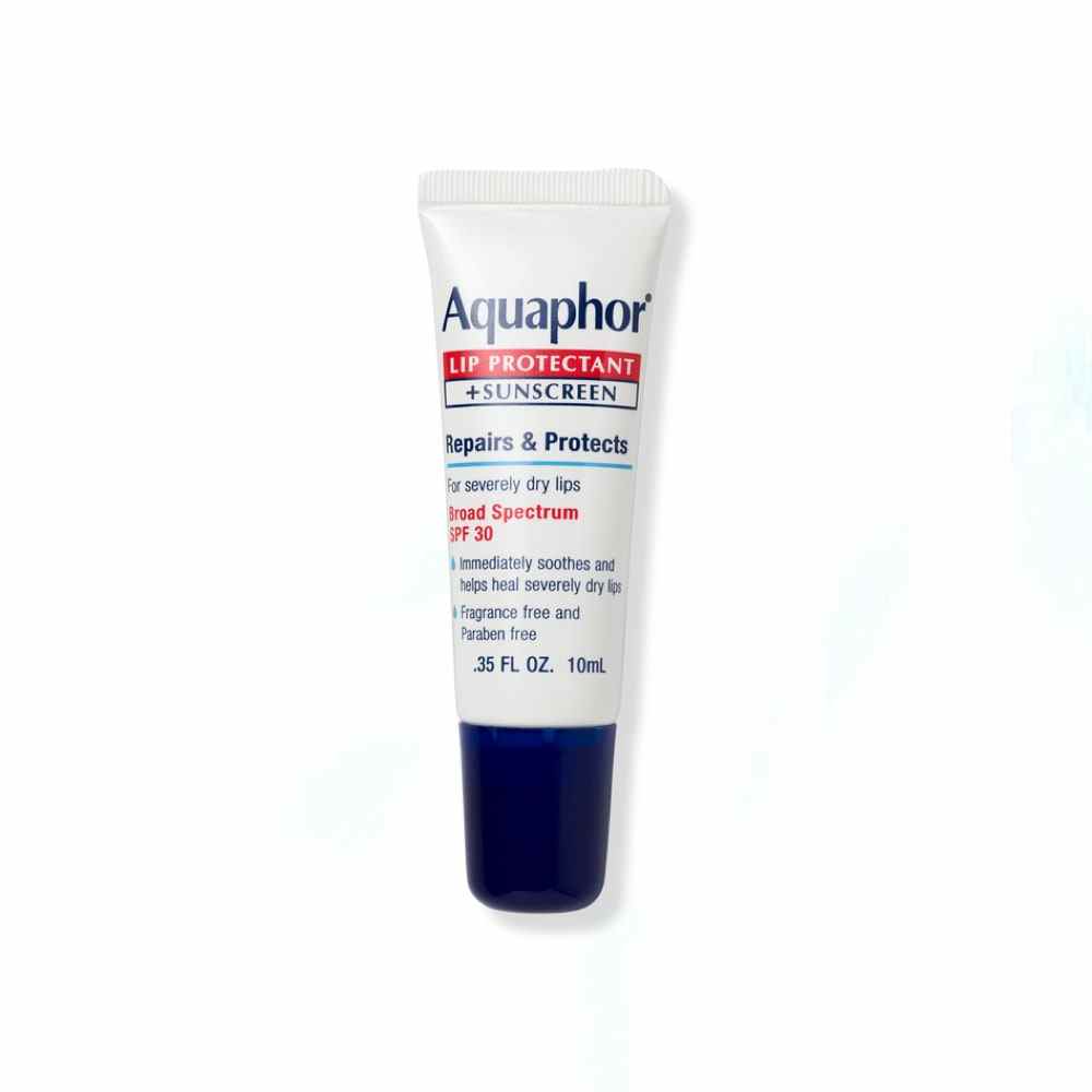 Weiße Aquaphor Lip Repair + Protect Broad Spectrum SPF 30 Tube mit marineblauer Kappe auf weißem Hintergrund