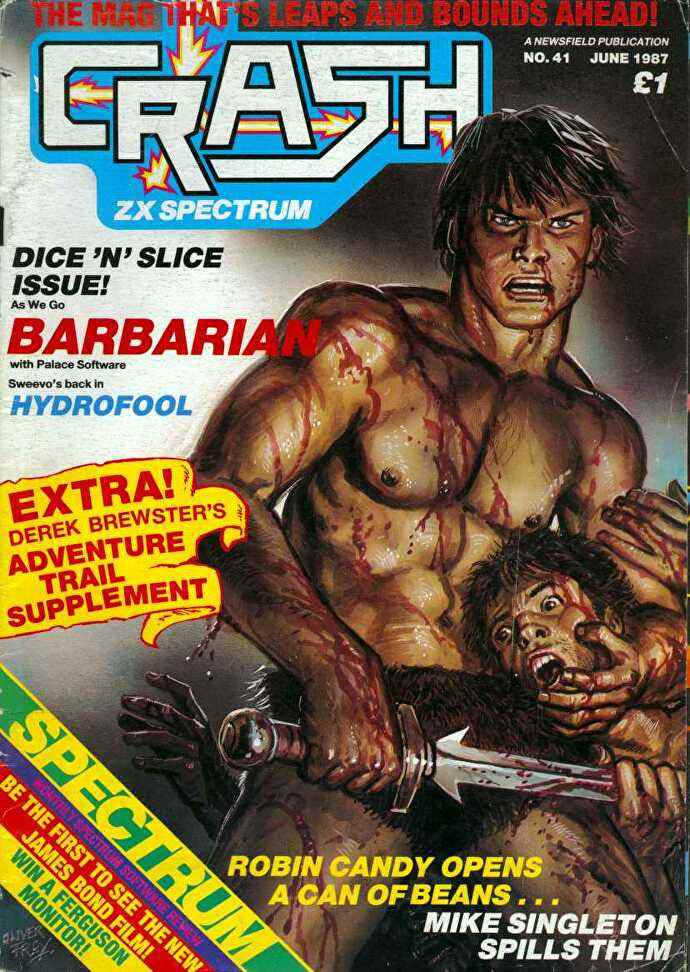 Ein blutiges Oli Frey-Frontcover aus dem Crash Magazine, das einen blutigen, oben ohne Barbaren zeigt, der ein Schwert in einen Feind stößt.