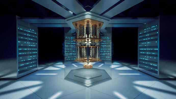 Vielleicht eine Art digitale Bibliothek im Science-Fiction-Stil.  Es ist ein mysteriöser Raum, der blau beleuchtet ist.