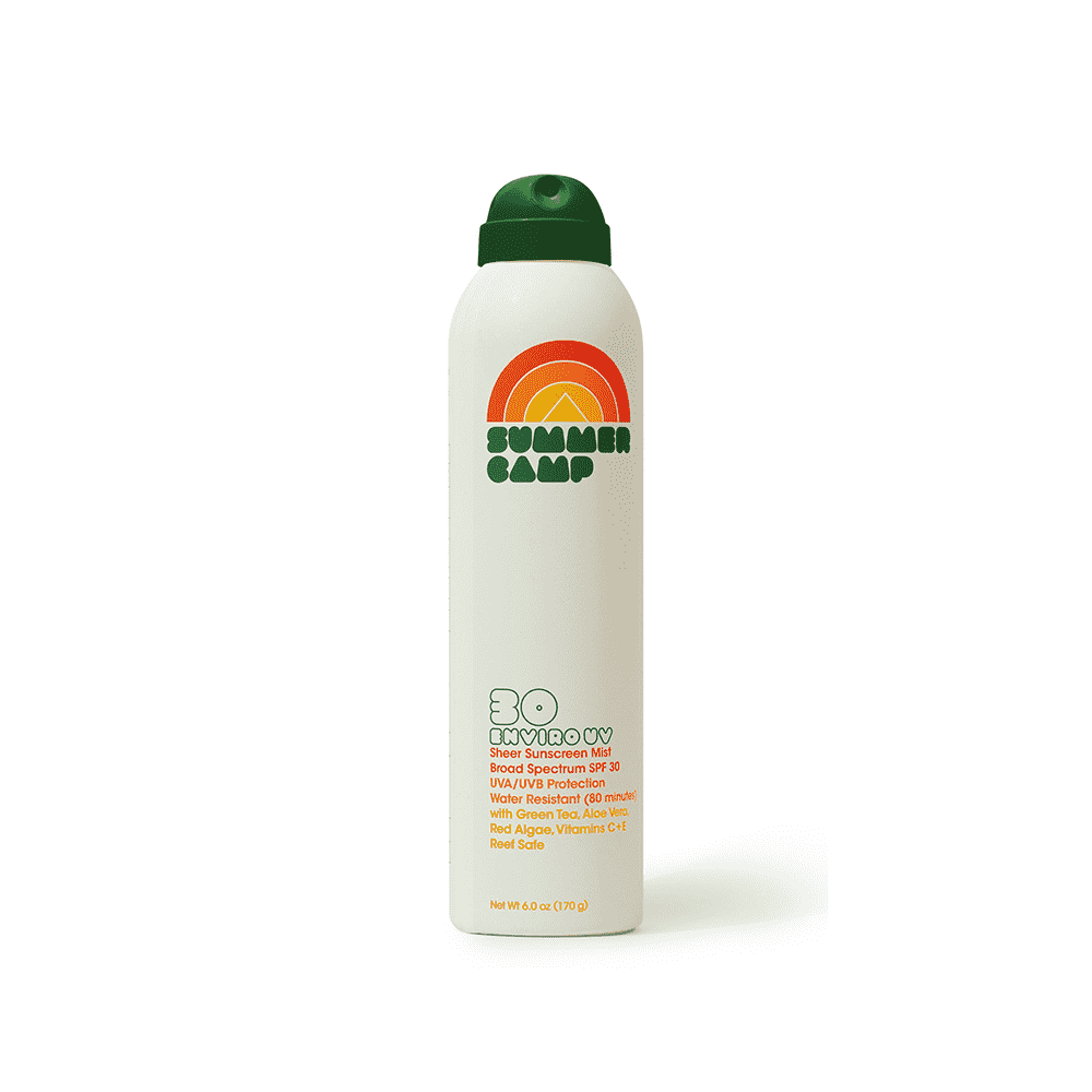 Elfenbeinfarbener und grüner Kanister mit Sonnenschutzspray mit Regenbogen-Markenlogo
