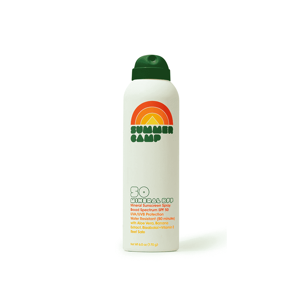 Elfenbeinfarbene und grüne Sprühdose mit mineralischem Sonnenschutzmittel mit Lichtschutzfaktor 50 und Regenbogen-Markenlogo