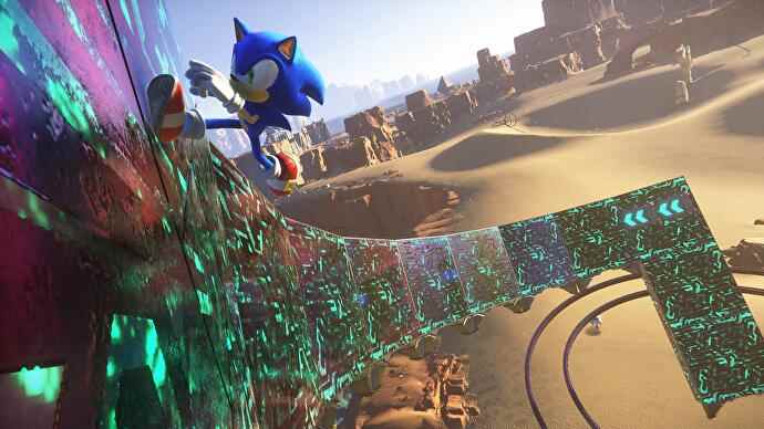 Sonic Frontiers preview - Sonic running towards the camera on a vertical wall in the desert open zone
