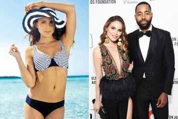 Die Frau von Top Gun-Star Jay Ellis, Nina Senicar, betäubt in einem gestreiften Bikini am Strand