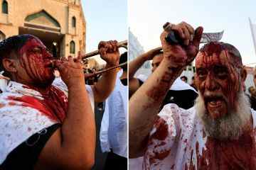 Blutüberströmte Muslime, die sich beim Fest mit Schwertern aufschlitzen