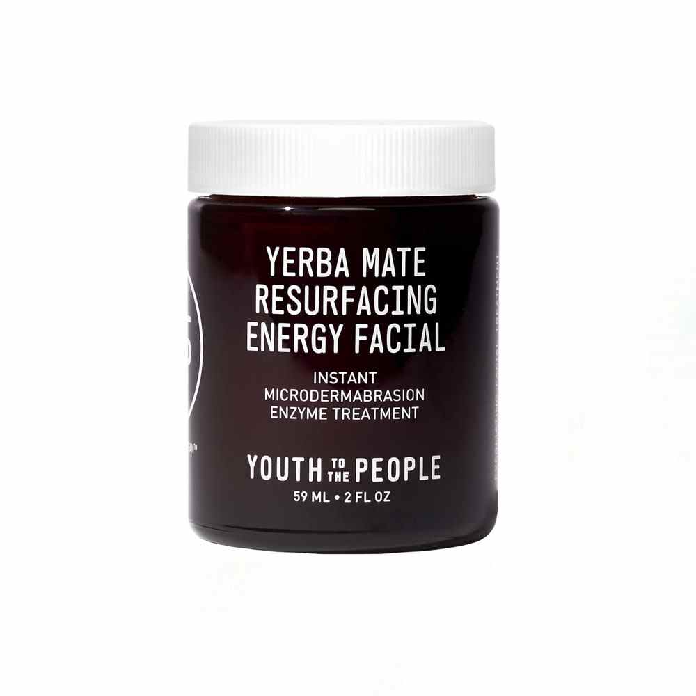 Schwarze Jugend für die Menschen Yerba Mate Resurfacing + Peeling Energy Facial mit Enzymen + Niacinamid-Behälter auf weißem Hintergrund