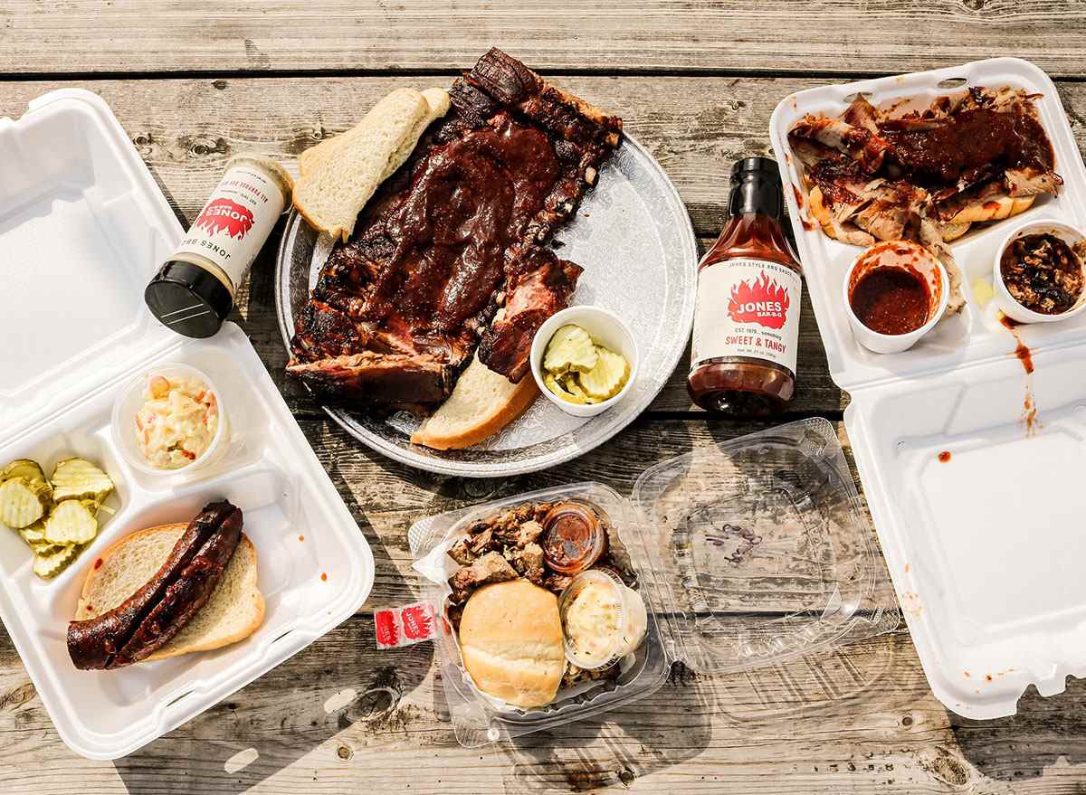 ribs and barbecue sauce bottles