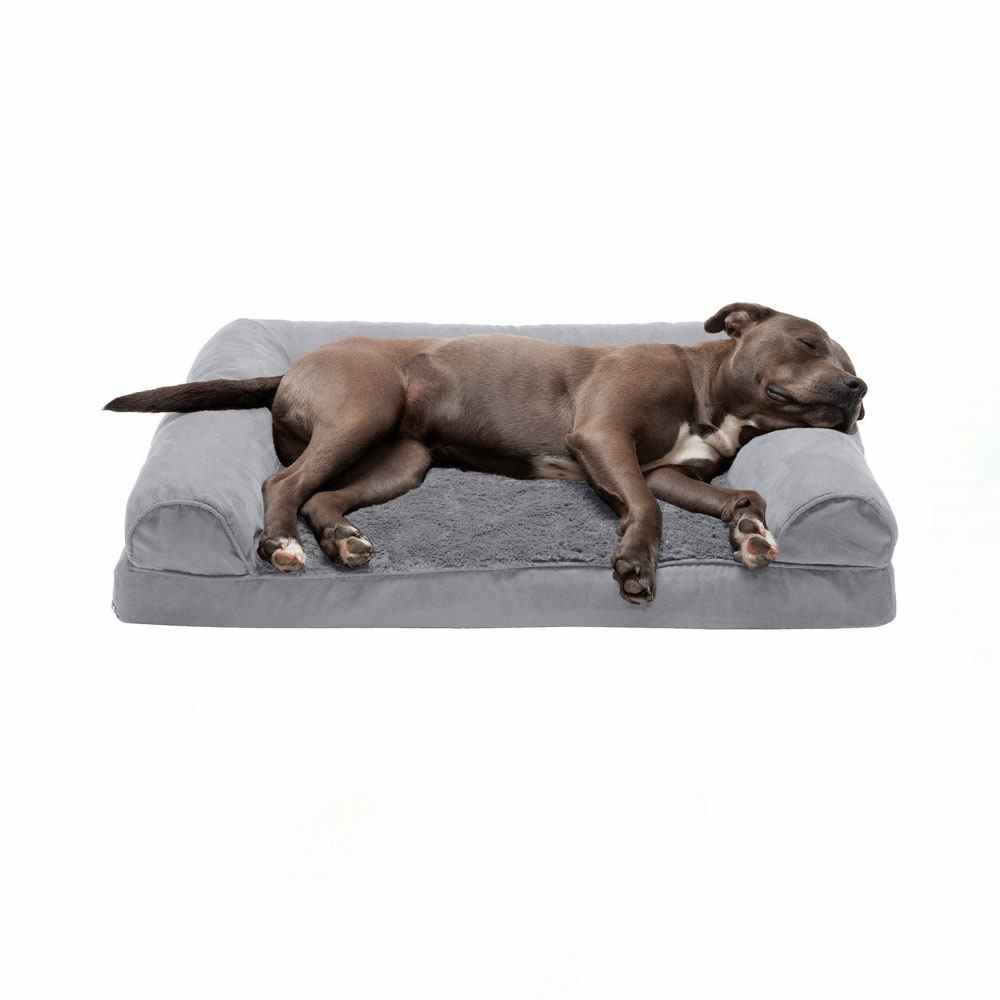 Brauner Hund auf grauem FurHaven Orthopädisches Sofa aus Plüsch und Wildleder für Katzen und Hunde