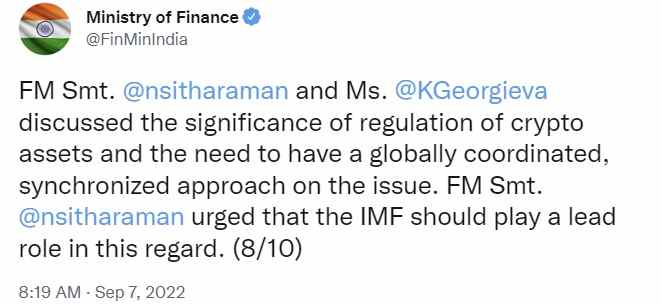 Der indische Finanzminister fordert den IWF nachdrücklich auf, bei der Kryptoregulierung eine Führungsrolle zu übernehmen – Georgieva sagt, der IWF sei bereit, mit Indien zusammenzuarbeiten