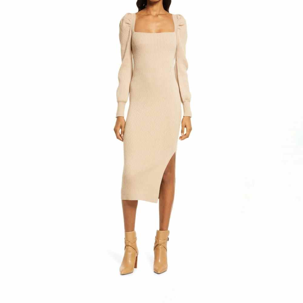 Cremefarbenes Charles Henry Square Neck Tie Back Puff Long Sleeve Sweater Dress on model