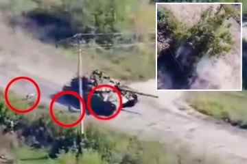 Beobachten Sie, wie „in Panik geratene“ Russen vom Panzer fallen, bevor er gegen einen Baum prallt