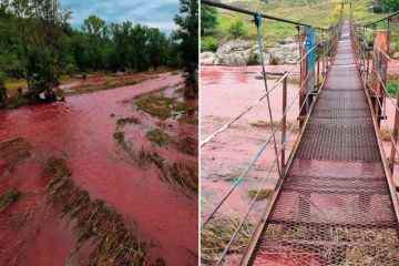 Erschreckender Moment Der Ukraine-Fluss färbt sich Blut ROT, einen Tag nachdem Russland den Staudamm geblitzt hat