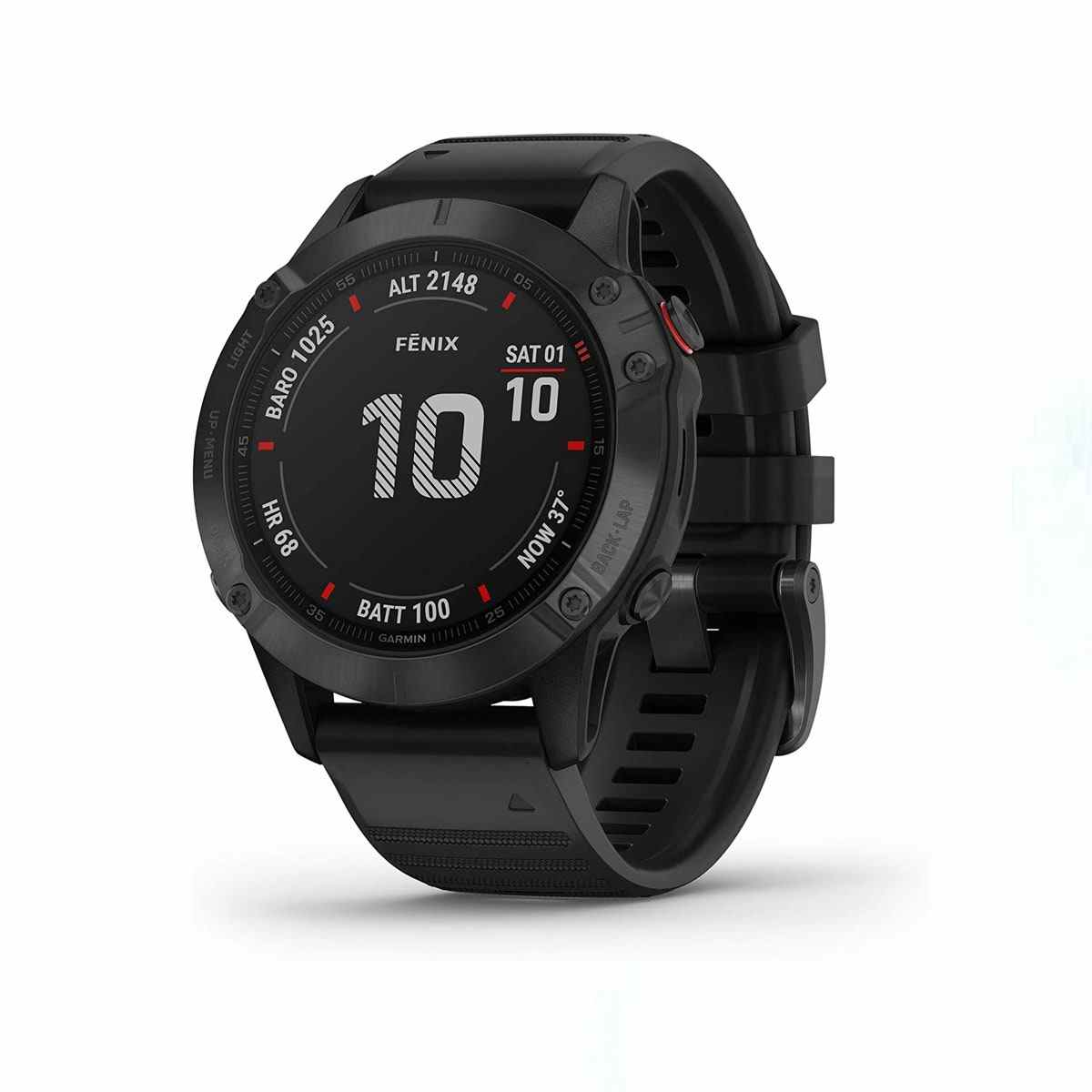 Schwarze Garmin Fenix ​​6 Pro Premium Multisport-GPS-Uhr auf weißem Hintergrund