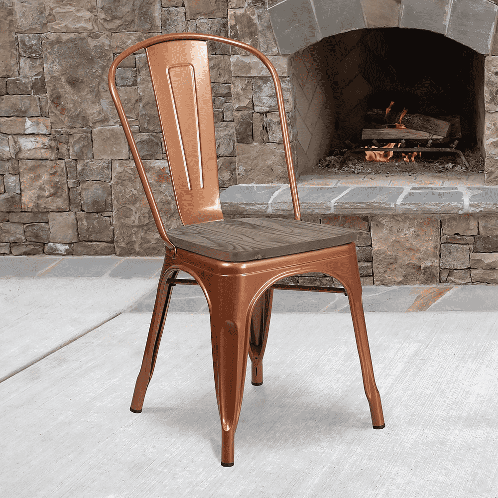 Flash Furniture Stapelbarer Stuhl aus kupferfarbenem Metall mit Holzsitz