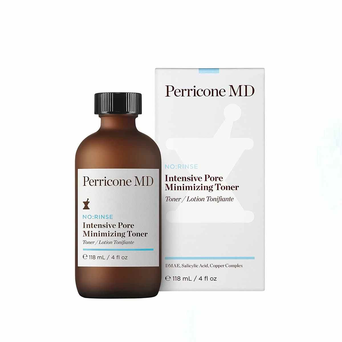Brown Perricone MD No: Rinse Intensive Pore Minimizing Toner Flasche und weiße Verpackung auf weißem Hintergrund