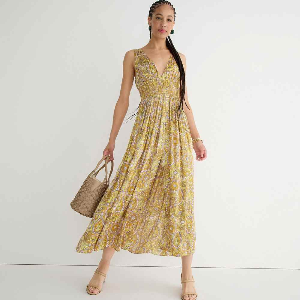 Yellow floral J.Crew Gathered Tie-Back Dress on model 