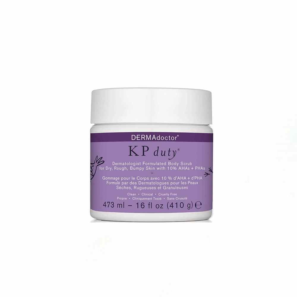Purple and white DERMAdoctor KP Duty Dermatologist Formulated Body Scrub jar 