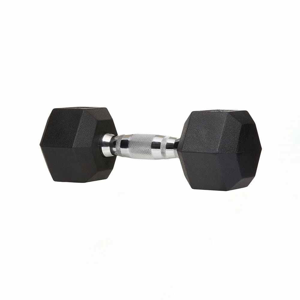 Black and silver Amazon Basics Rubber Encased Hex Dumbbell Hand Weight on white background