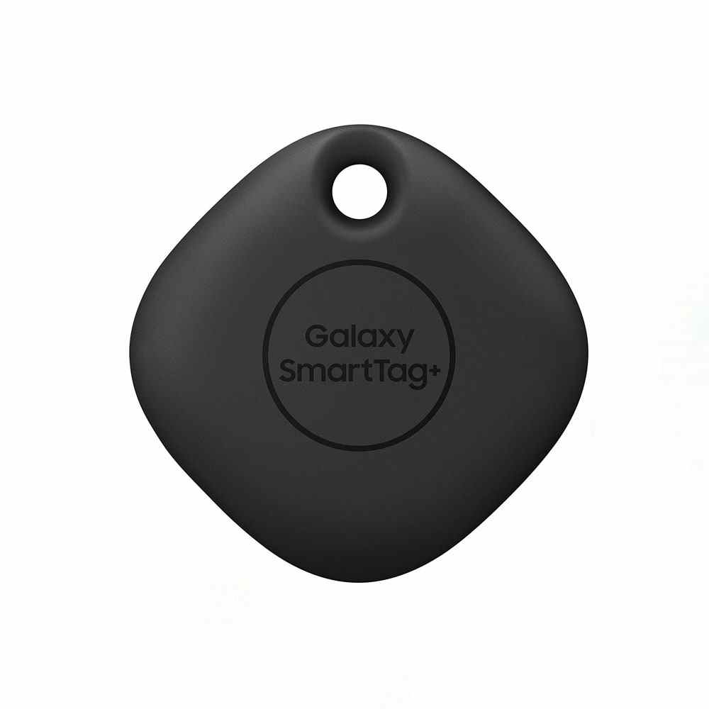 Schwarzer Samsung Galaxy SmartTag+ Plus-Tracker auf weißem Hintergrund