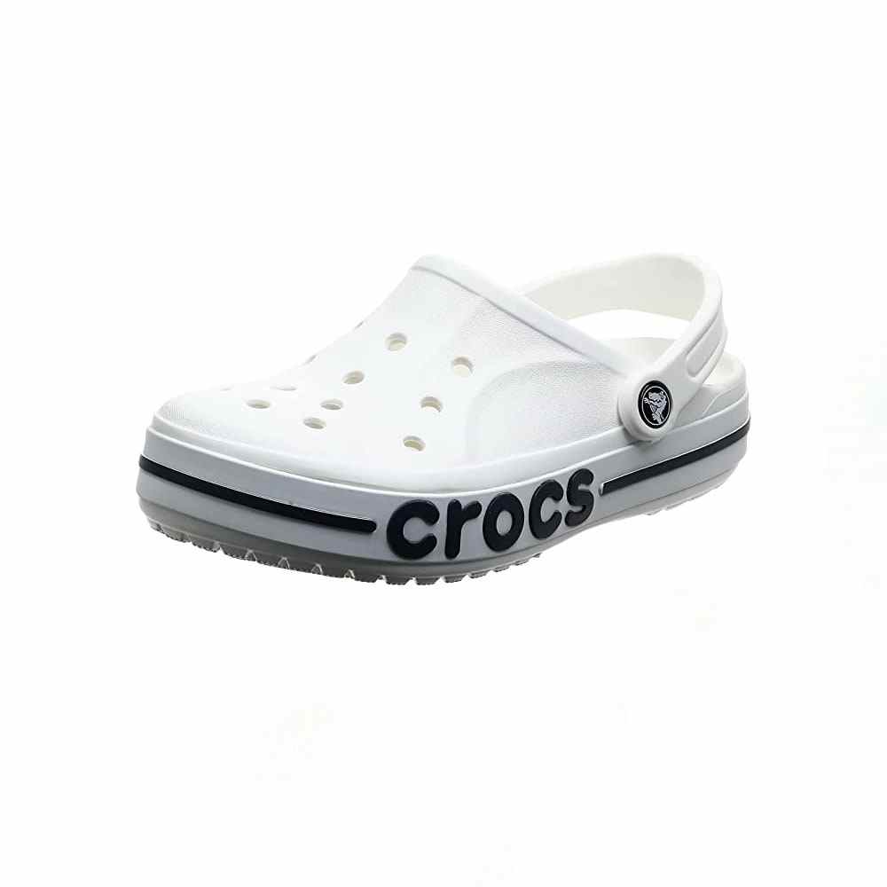 White and black Crocs Unisex-Adult Bayaband Clog on white background
