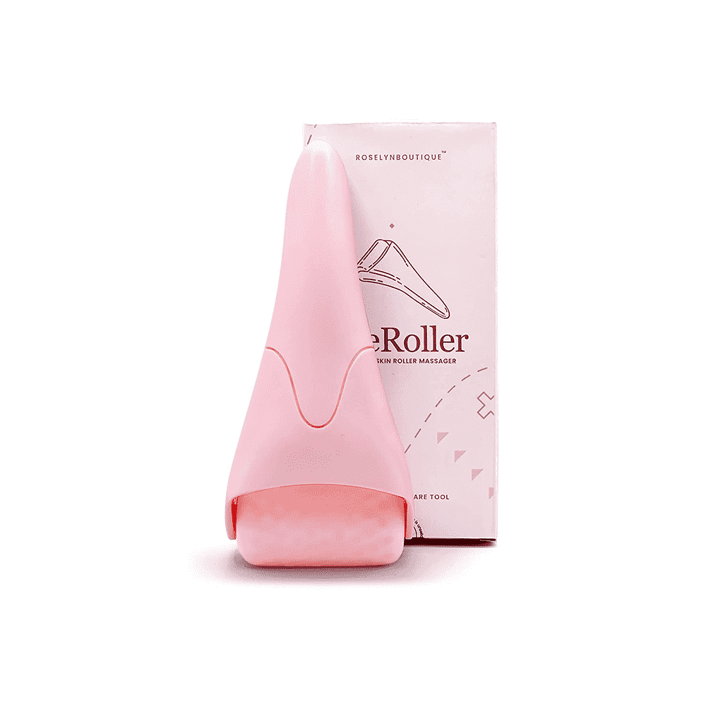Pink ice roller for face and pink box on white background