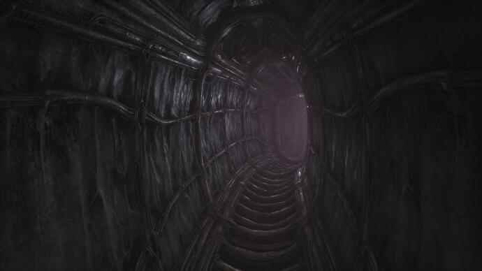Scorn Review – ein schmaler, eher mechanisch aussehender Korridor mit einem schwachen Licht am Ende