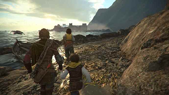 Drei Charaktere rennen um eine Küste herum auf eine riesige Festung am Horizont zu.