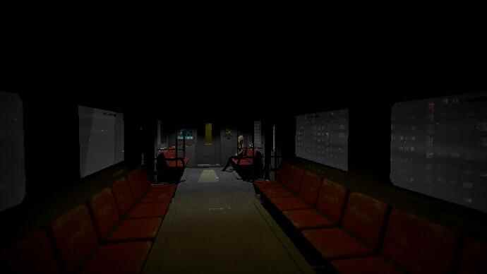 Signalis Review – ein sehr dunkler, futuristischer Waggon mit verblichenen roten Sitzen und einer Figur, die allein am Ende saß, draußen Wolkenkratzer.