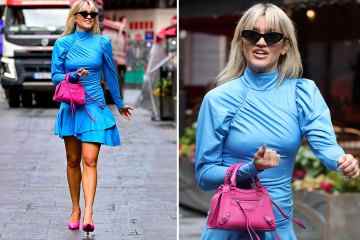 Ashley Roberts trägt keinen BH in einem hautengen blauen Outfit, als sie Heart Radio verlässt