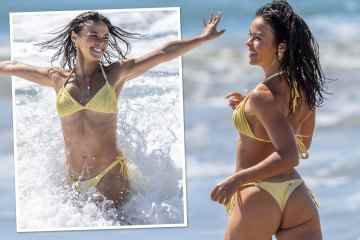 Vanessa Bauer von Dancing On Ice begeistert im gelben Bikini während eines Spritzers in Malibu