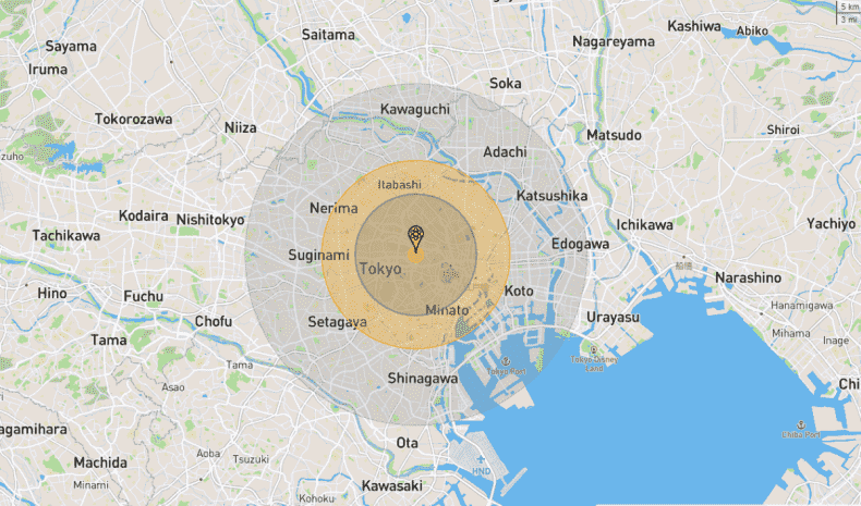 Nukemap-Visualisierung der Atombombe auf Tokio
