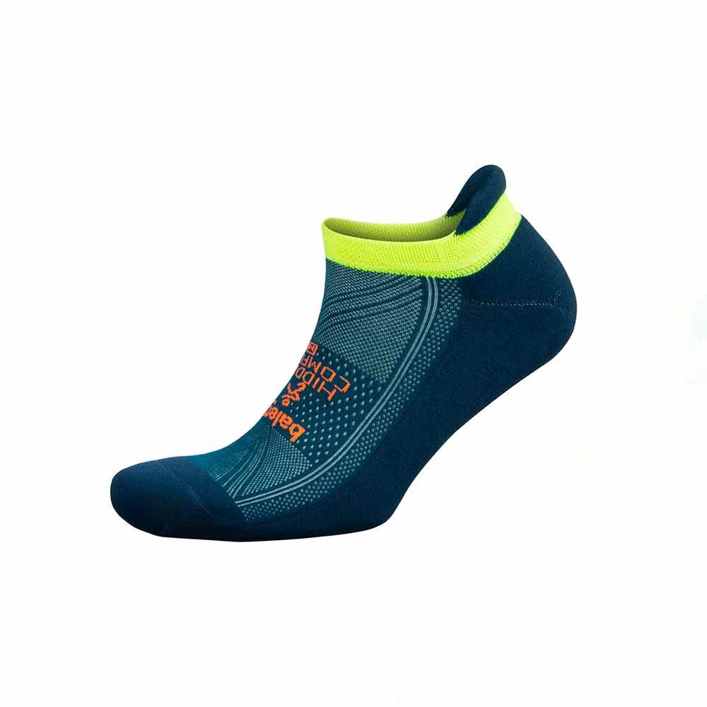 Balega Hidden Comfort Socke in Blaugrün mit neongrünem Rand auf weißem Hintergrund