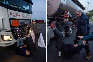 Moment: Ein frustrierter Lkw-Fahrer zieht einen Öko-Krieger von Just Stop Oil von seinem Tanklaster