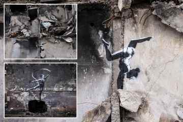 Banksy enthüllt neue Straßenkunst an der Seite eines ausgebombten Hochhauses in der Ukraine