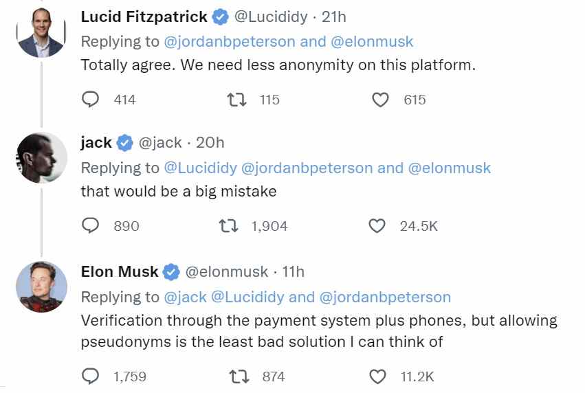 Elon Musk, Jack Dorsey adressieren Vorschläge, um weniger Anonymität auf Twitter zuzulassen