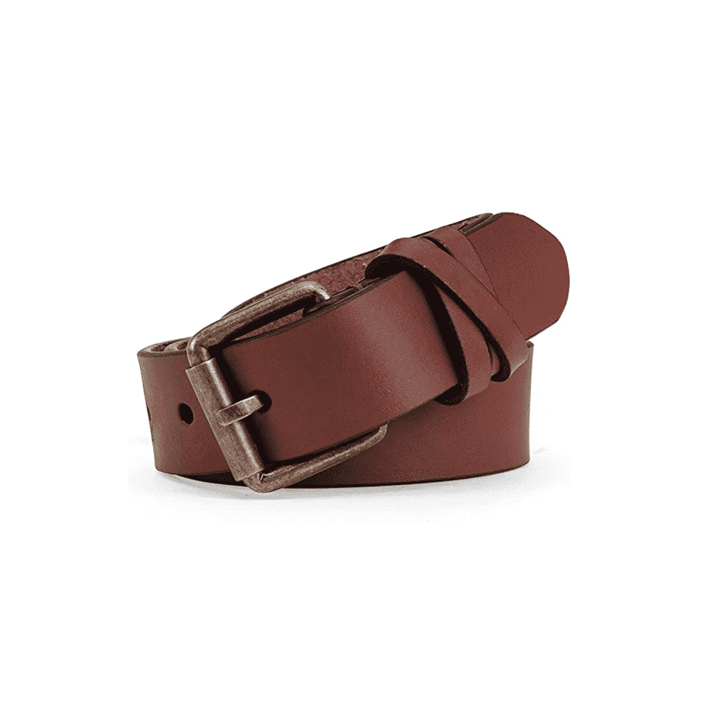 Brown leather belt with gold buckle on white background