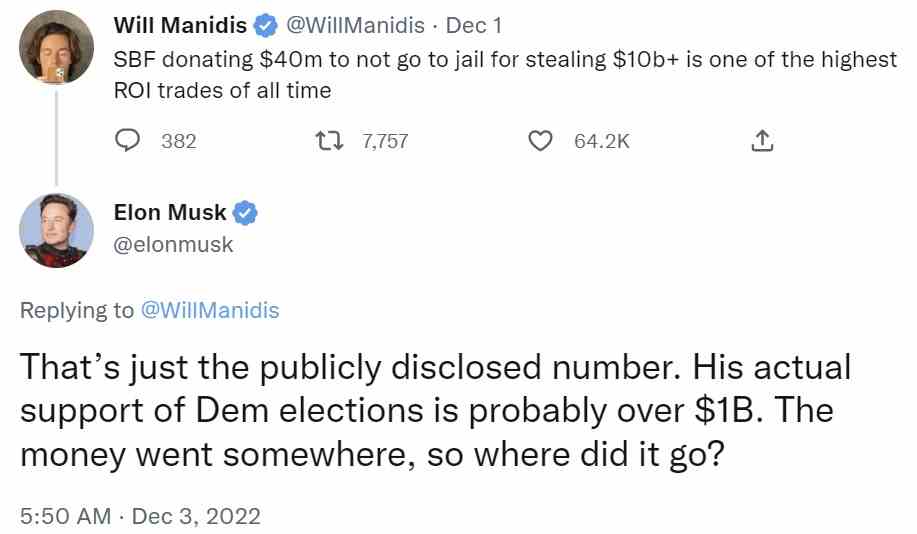 Elon Musk vermutet, dass der frühere FTX-CEO Sam Bankman-Fried über 1 Milliarde Dollar zur Unterstützung der Demokraten gespendet hat