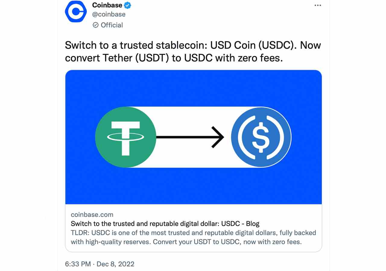 Coinbase verleitet Benutzer dazu, von USDT zu USDC zu wechseln, laut Krypto-Firma haben die jüngsten Ereignisse „einige Stablecoins auf die Probe gestellt“