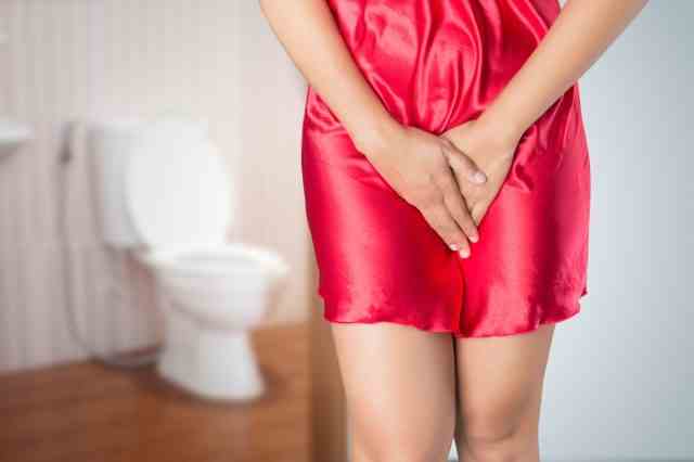 Frau mit Prostataproblem vor Toilettenschüssel.  Dame mit Händen, die ihren Schritt halten, Leute wollen pinkeln - Harninkontinenzkonzept