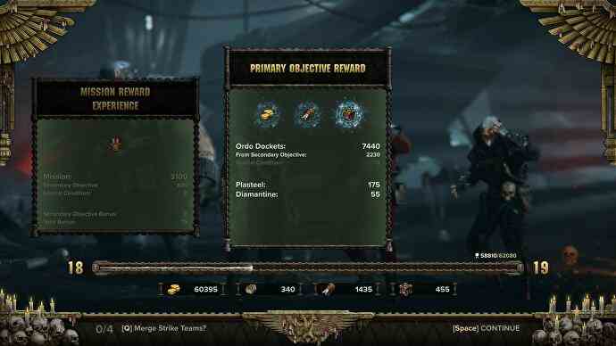 Darktide review - the end of level screen showing some rewards but not enough info