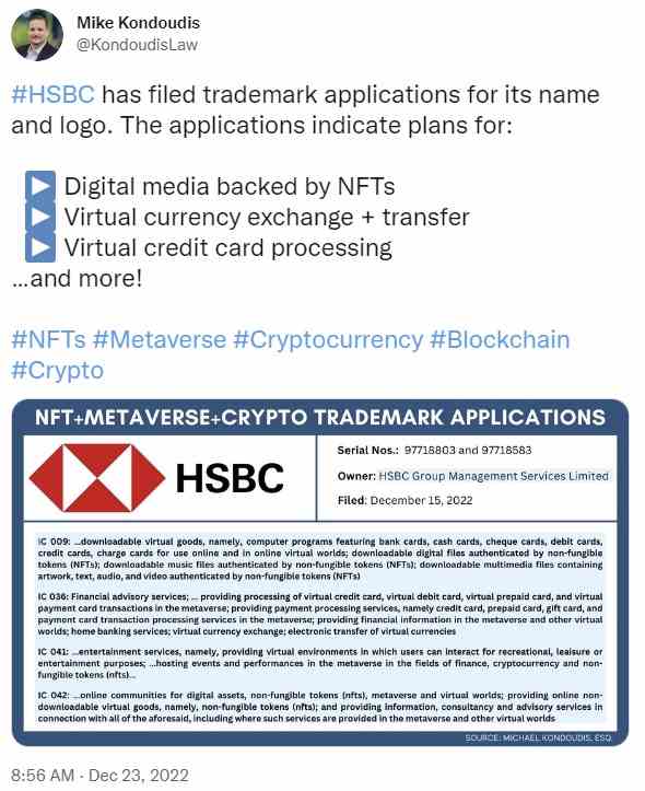 Der Bankengigant HSBC meldet Marken für eine breite Palette von digitalen Währungen und Metaverse-Produkten an