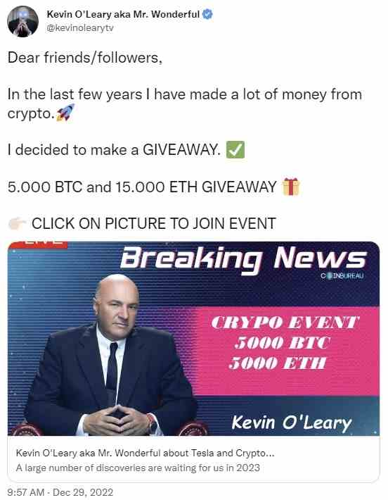 Kevin O'Learys Twitter-Account gehackt, um Bitcoin, Ethereum Giveaway Scam zu promoten