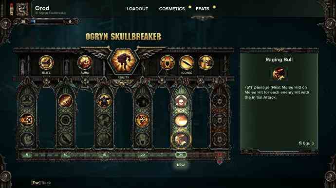 Darktide review - the Ogryn Feats screen showing your skill tree options