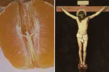 Verblüffte Frau entdeckt gekreuzigte Christusfigur im Mark einer Mandarine