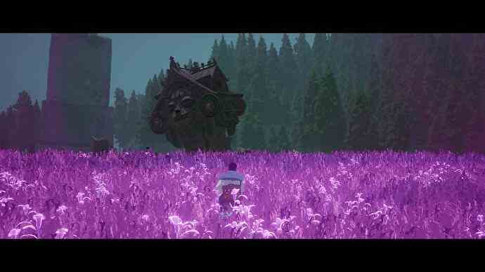 Saisonrückblick – die Figur, die durch ein üppiges Feld mit leuchtend rosa-violetten Pflanzen geht